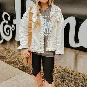 White Denim Studded Jacket Distressed Western Embellished Jean‎ Trucker Jacket